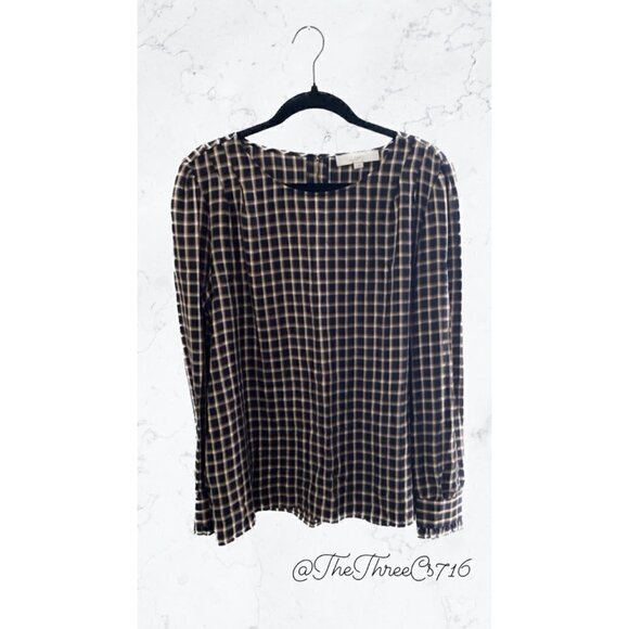 LOFT Size L Dark Navy and Gold Shimmer Plaid Tunic subtle Metallic detail - Picture 1 of 9